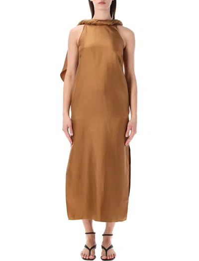 Loulou Studio Loulou Susan Silk Twill Twisted Collar Dress In Brown