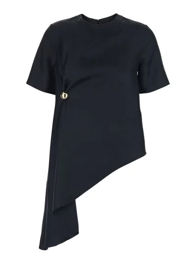 Loulou Studio Madea Black Crewneck Top With Draped Detail And Asymmetric Design In Silk Woman