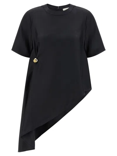 Loulou Studio Madea Draped Asymmetric Top Short Sleeves In Black