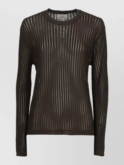Loulou Studio Sheer Ribbed Viscose Sweater Long Sleeves Crewneck In Brown