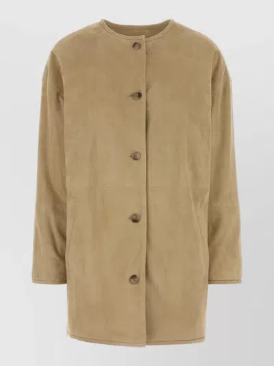 Loulou Studio Suede Waren Jacket Long Sleeves Round Neck In Brown