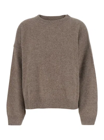 LOULOU STUDIO BROWN CREW NECK SWEATER WITH DROPPED SHOULDER IN WOOL BLEND WOMAN