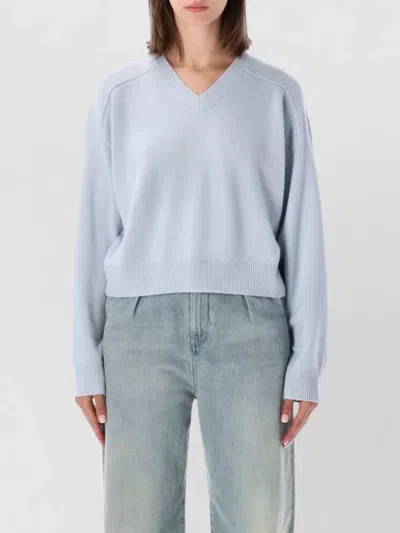 Loulou Studio V Neck Cropped Top Long Sleeves Ribbed Hem In Blue