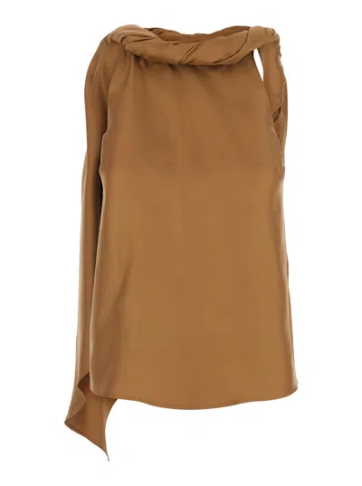 Loulou Studio Wilma Twisted Collar Top In Brown