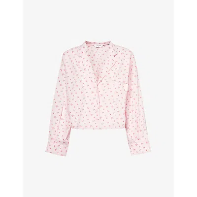 Lounge Underwear Womens Pink Floral-pattern Cropped Cotton Shirt