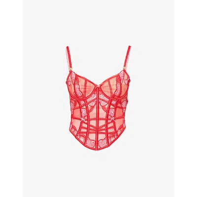 Lounge Underwear Womens Amoura Intimates Embroidered Lace Corset And Thong Set In Red