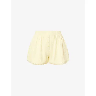 Lounge Underwear Womens Pointelle Mid-rise Stretch-woven Pyjama Shorts Lemon
