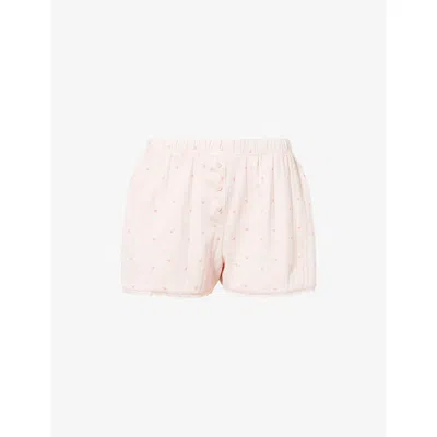 Lounge Underwear Womens Pink Pointelle Floral-print Mid-rise Stretch-cotton Pyjama Shorts