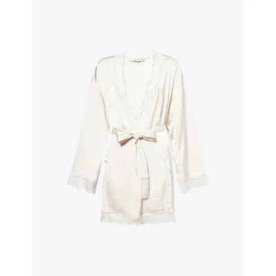 Lounge Underwear Womens White Bridal Lace-trim Satin Robe
