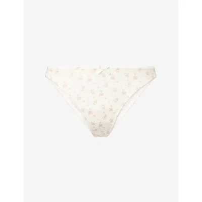 Lounge Womens Ivory Print Floral-print Pointelle Stretch-cotton Thong In White