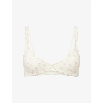 Lounge Womens Ivory Print Pointelle Floral-print Stretch-cotton Bralette In White