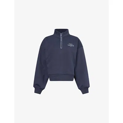 Lounge Womens  Underwear Logo Embroidery Quarter-zip Cotton-jersey Sweatshirt In Blue