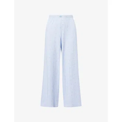 Lounge Womens Blue Floral Pointelle Floral Cotton-jersey Pyjama Bottoms