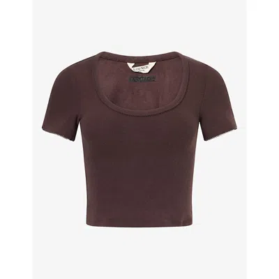 Lounge Womens  Underwear Ribbed Short-sleeve Stretch-jersey Pyjama Top In Brown