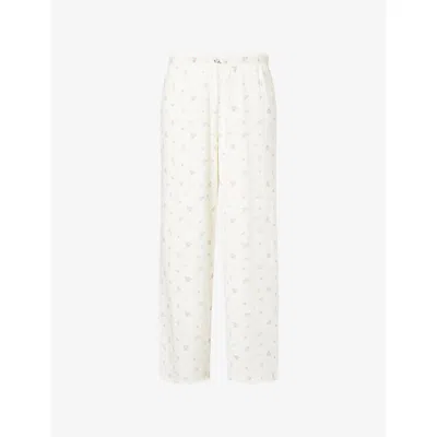 Lounge Womens White Floral Ribbed Floral-print Cotton-blend Pyjama Bottoms
