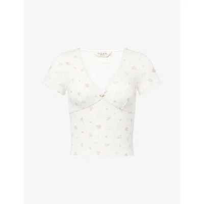Lounge Womens White Floral Short-sleeve Ribbed Cotton-blend Pyjama Top Xs