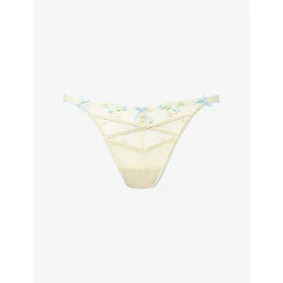 Lounge Womens Yellow Solene Floral Lace Thong In White