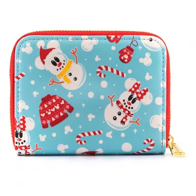 Loungefly Disney Mickey Minnie Snowman Aop Zip Around Wallet In Blue/red