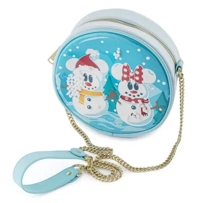 Loungefly Disney Snowman Minnie & Mickey Snowglobe Crossbody Bag In Sky Blue
