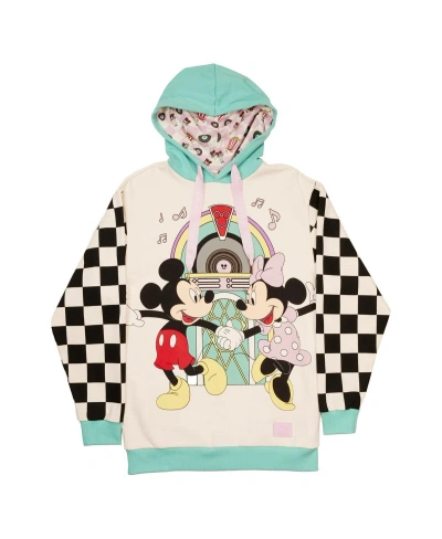 Loungefly Men's And Women's  White Distressed Mickey & Minnie Date Night Diner Jukebox Pullover Hoodi