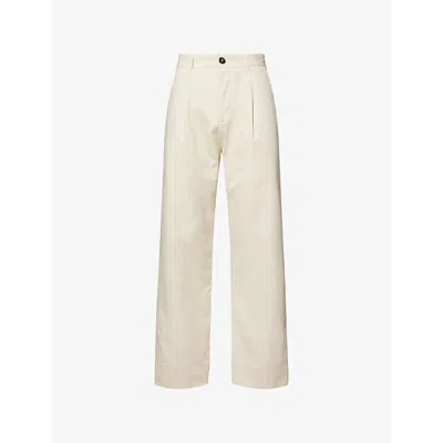 Louvois Biarritz Mens Beige Cotton Pleated Chino Wide-leg Woven Trousers