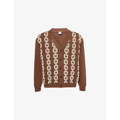 Louvois Biarritz Mens Chain-intarsia V-neck Cotton-knit Cardigan Brown Cotton Xl