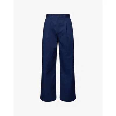 Louvois Biarritz Mens Navy Cotton Pleated Chino Wide-leg Woven Trousers