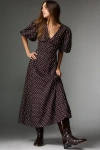 Lovaan Adeline Linen Blend Puff-sleeve Midi Dress In Brown