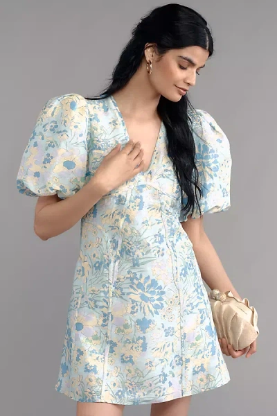 Lovaan Adeline Linen Silk Blend Mini Dress In Blue