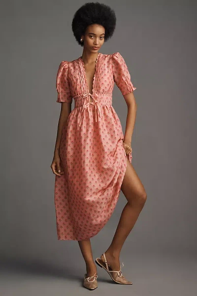 Lovaan Boehm Short-sleeve V-neck Linen-silk Midi Dress