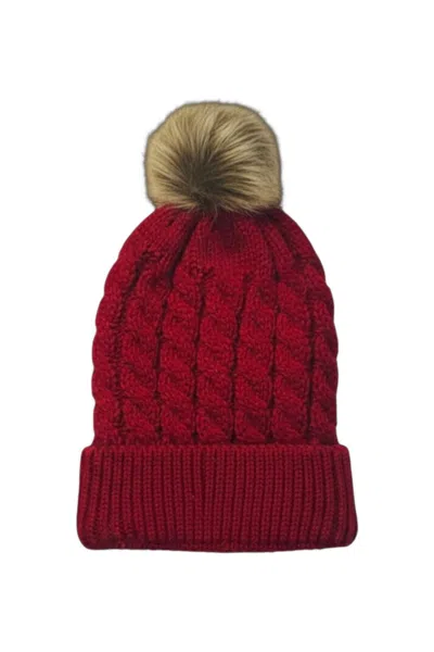 Love And Thyme Kid's Knit Beanie With Fur Pom Pom In Burgundy In Red