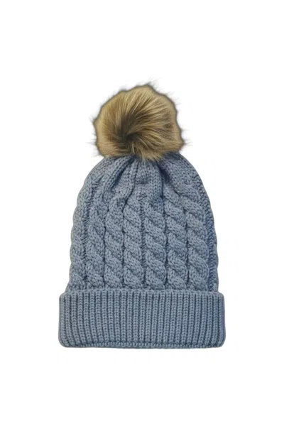 Love And Thyme Kid's Knit Beanie With Fur Pom Pom In Gray In Blue