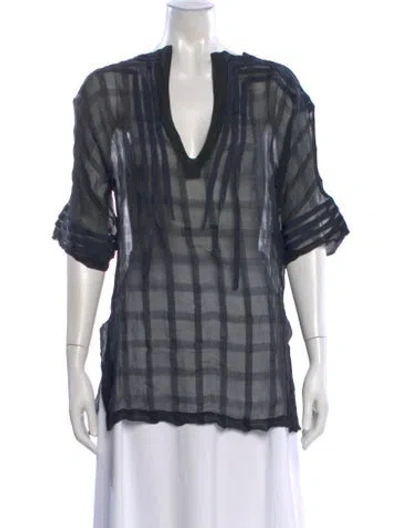 Pre-owned Love Binetti Plaid Print V-neck Top In Gray