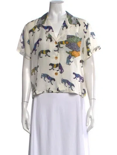 Pre-owned Love Binetti Silk Animal Print Button-up Top In White
