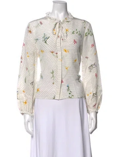 Pre-owned Love Binetti Silk Floral Print Blouse In White