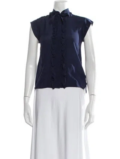 Pre-owned Love Binetti Silk Tie Neck Blouse In Blue