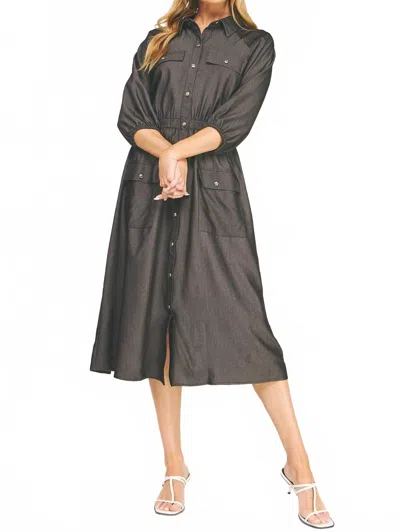 Love Blossom Chloe Chambray Button Down Midi Dress In Black In Grey
