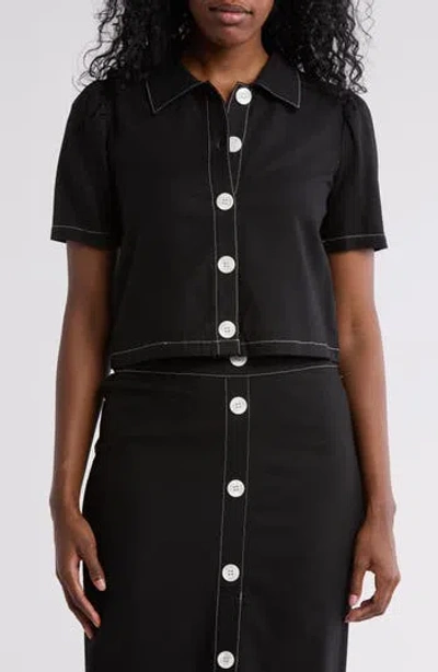 Love By Design Abby Button Front Short Sleeve Top In Black