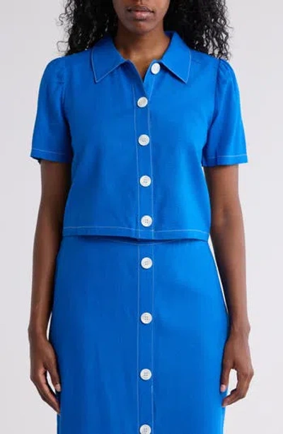 Love By Design Abby Button Front Short Sleeve Top In Princess Blue