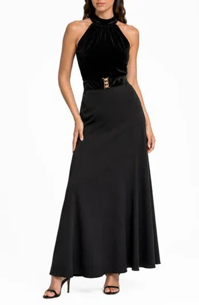 Love By Design Cleo Mixed Media Halter Gown In Black
