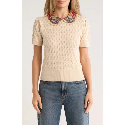 Love By Design Enya Rosebud Collared Short Sleeve Sweater In Neutral