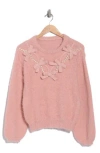 Love By Design Faux Pearl & Bow Embellished Crewneck Sweater In Pink