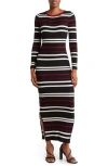 Love By Design Isabella Long Sleeve Ribbed Knit Maxi Sweater Dress In Black/wine Stripe Verona