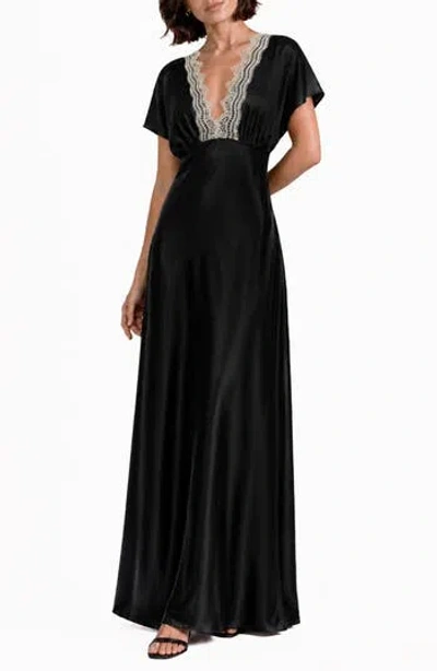 Love By Design Paige Lace Trim Satin Maxi Dress In Black