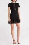 Love By Design Romee Puff Sleeve Lace Trim Clip Dot Minidress
