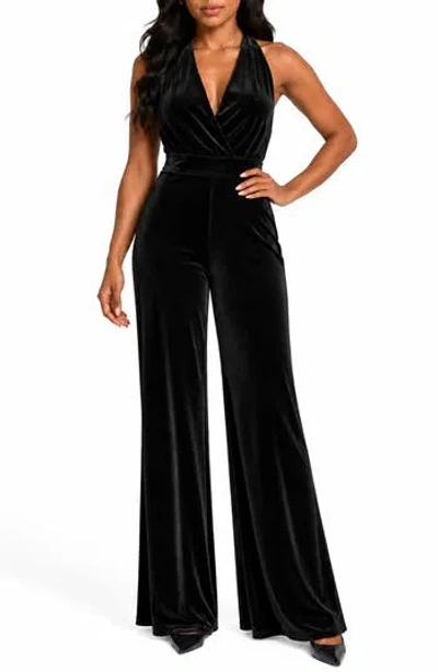 Love By Design Ruby Halter Neck Velvet Jumpsuit In Black