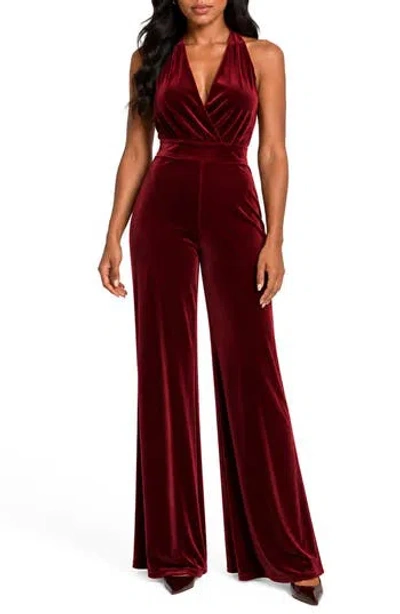 Love By Design Ruby Halter Neck Velvet Jumpsuit In Burgundy