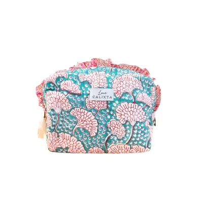 Love Calixta Green / Blue / Pink Blue Block Print Frill Washbag In Green/blue/pink