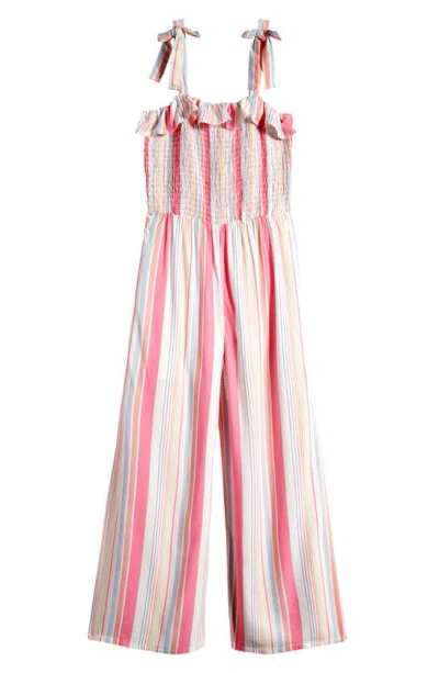 Love, Fire Kids' Stripe Ruffle Smocked Bodice Jumpsuit In Yellow Pink Stripe