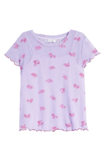 Love, Fire Kids' Mesh Overlay T-shirt In Lavender Flocked Floral